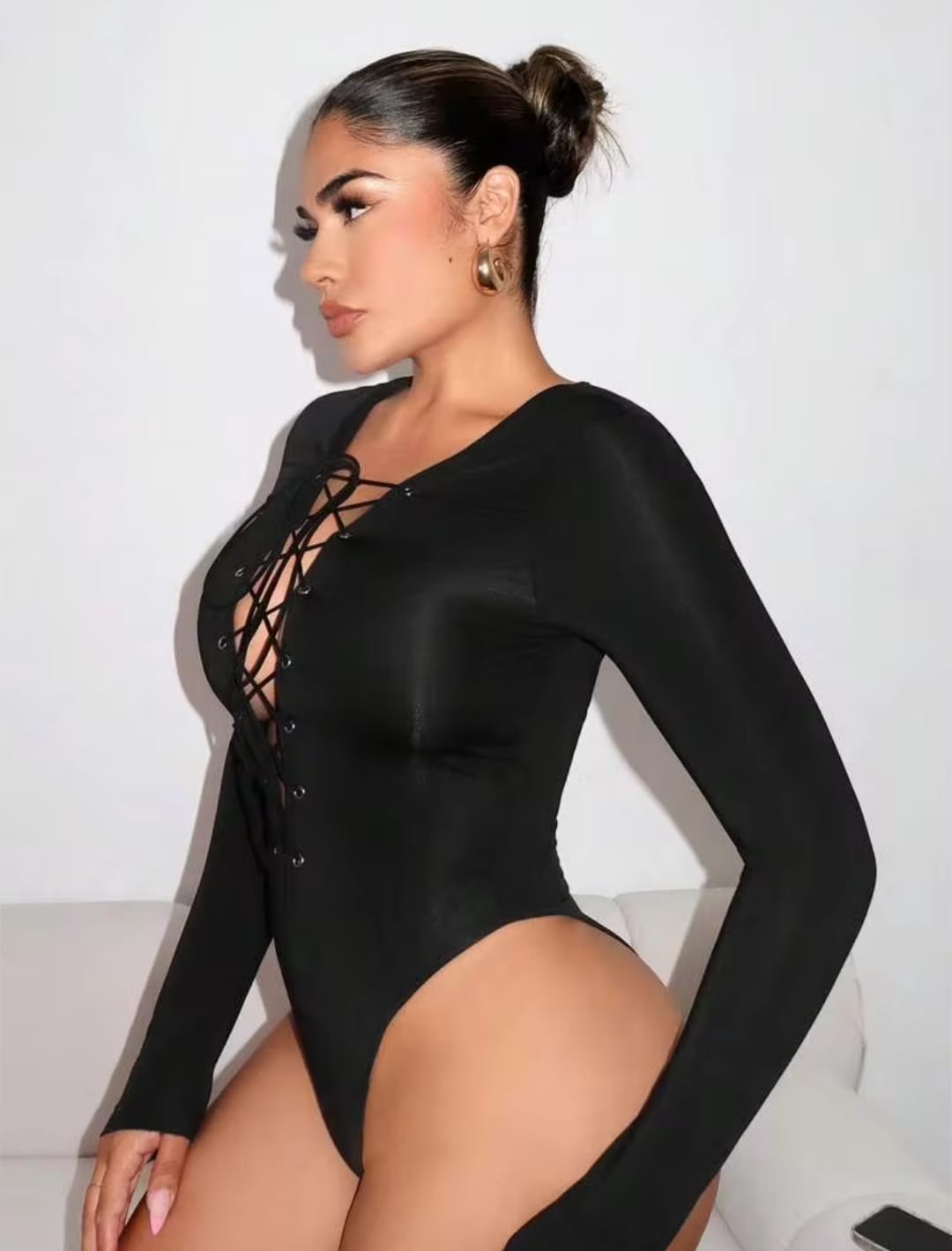 Women’s Black Lace-Up Long Sleeve Bodysuit – Deep V-Neck Stylish High-Cut Fashion Bodysuit